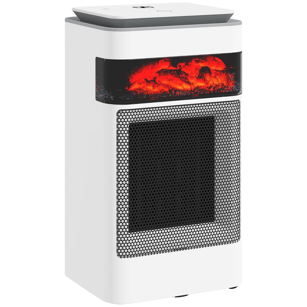 HOMCOM Ceramic Electric Heater, 1500W Fan Space Heater with 3 Modes, 24H Timer, Flame Effect, Oscillation for Bedroom, White