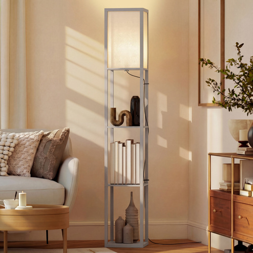 HOMCOM 3-Tier Floor Lamp, Floor Light with Storage Shelf, Reading Standing Lamp with Acrylic Shade for Living Room, Bedroom, Kitchen, Dining Room, Office, Dorm, 160cm, Grey