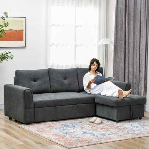 HOMCOM 3 Seater Sofa Bed, Pull Out Sofa Bed with Storage for Living Room, Dark Grey