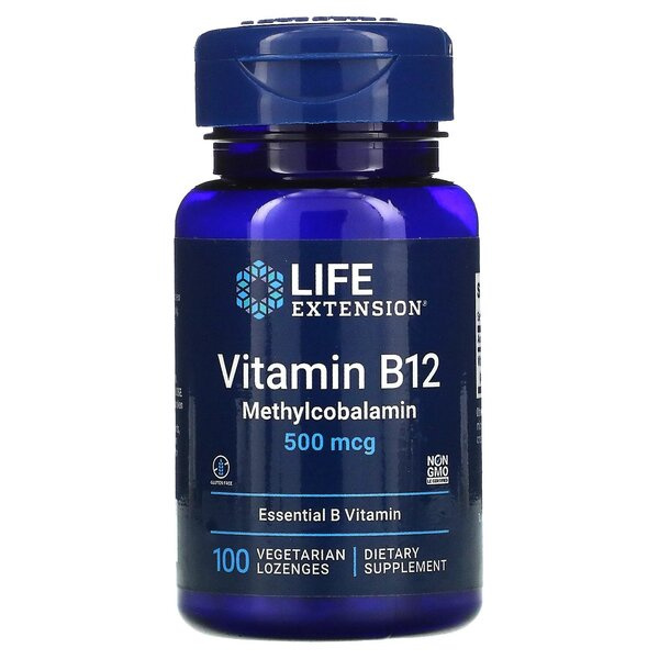 Life Extension Witamina B12 Metylokobalamina 500mcg dla Wegetarian i Seniorów 100 Wegetariańskich Pastylek do Ssania