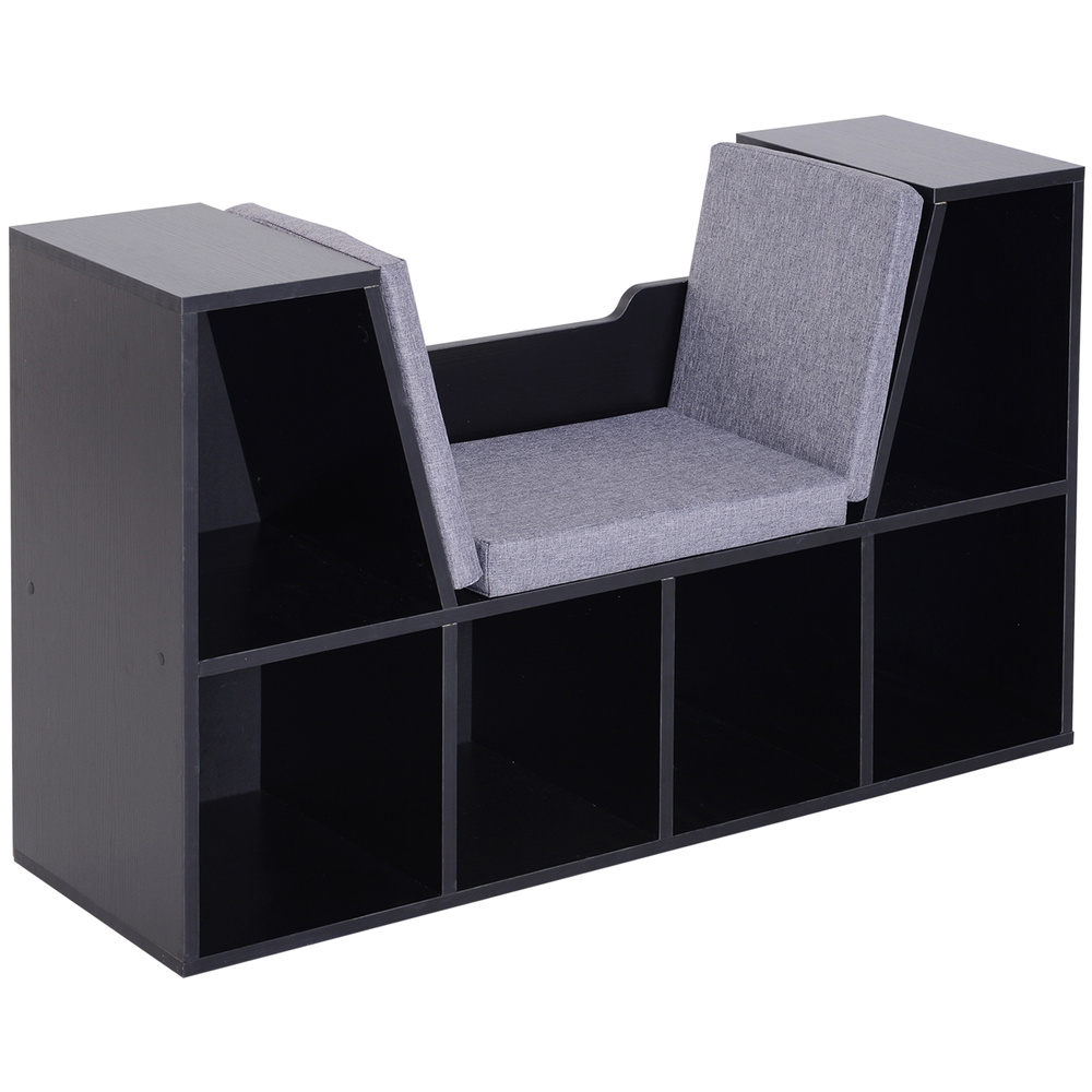 HOMCOM Bookcase Storage Shelf with Cushioned Reading Seat, Cube Bookshelf Organizer for Bedroom Living Room, Black