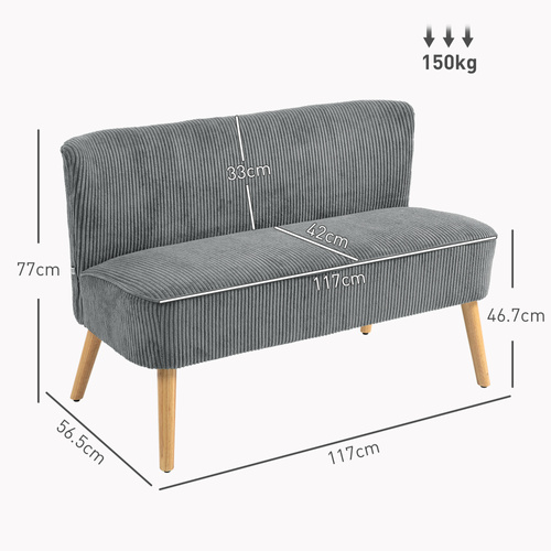 HOMCOM Modern Corduroy Double Seat Sofa w/ Wood Frame Foam Padding Soft Comfortable Compact Couch Grey