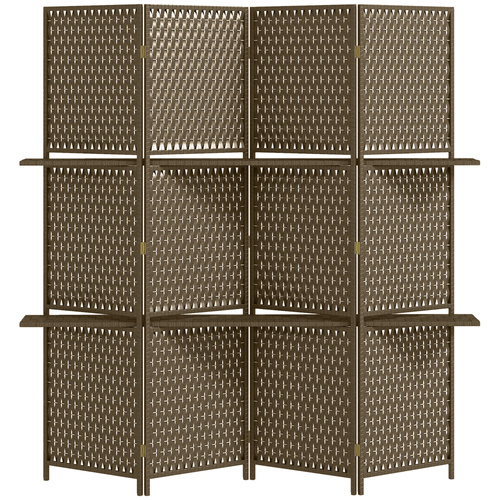 HOMCOM 4-Panel Room Dividers with Shelves, Wave Fibre Freestanding Folding Privacy Screen Panels, Partition Wall Divider for Indoor Bedroom Office, 180 cm, Brown