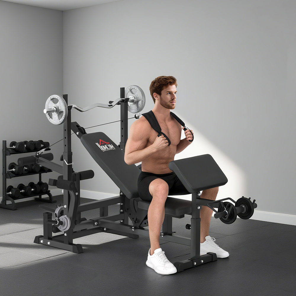 HOMCOM Weight Bench, 6 in 1 Adjustable Bench Press with Leg Extension, Barbell Rack, Preacher Curl Pad, Resistance Band, Multi-Function Home Gym Equipment for Strength Training Weightlifting