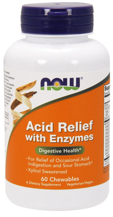 NOW Foods Acid Relief with Enzymes for Occasional Acid Indigestion 60 Chewable Tablets