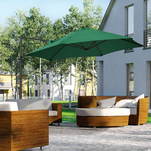 Outsunny 2.5M Garden Cantilever Parasol, Offset Roma Patio Umbrella Hanging Sun Shade Canopy Shelter with 360° Rotation and Cross Base, Green