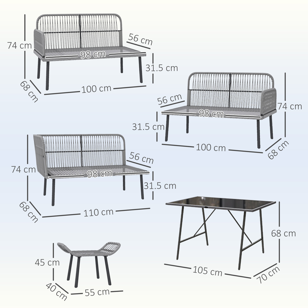 Outsunny 6 Piece Rattan Garden Furniture Set, 8 Seater Garden Corner Sofa with Cushions and Glass Top Table, Sectional Outdoor Furniture Conservatory Set for Patio, Charcoal Grey
