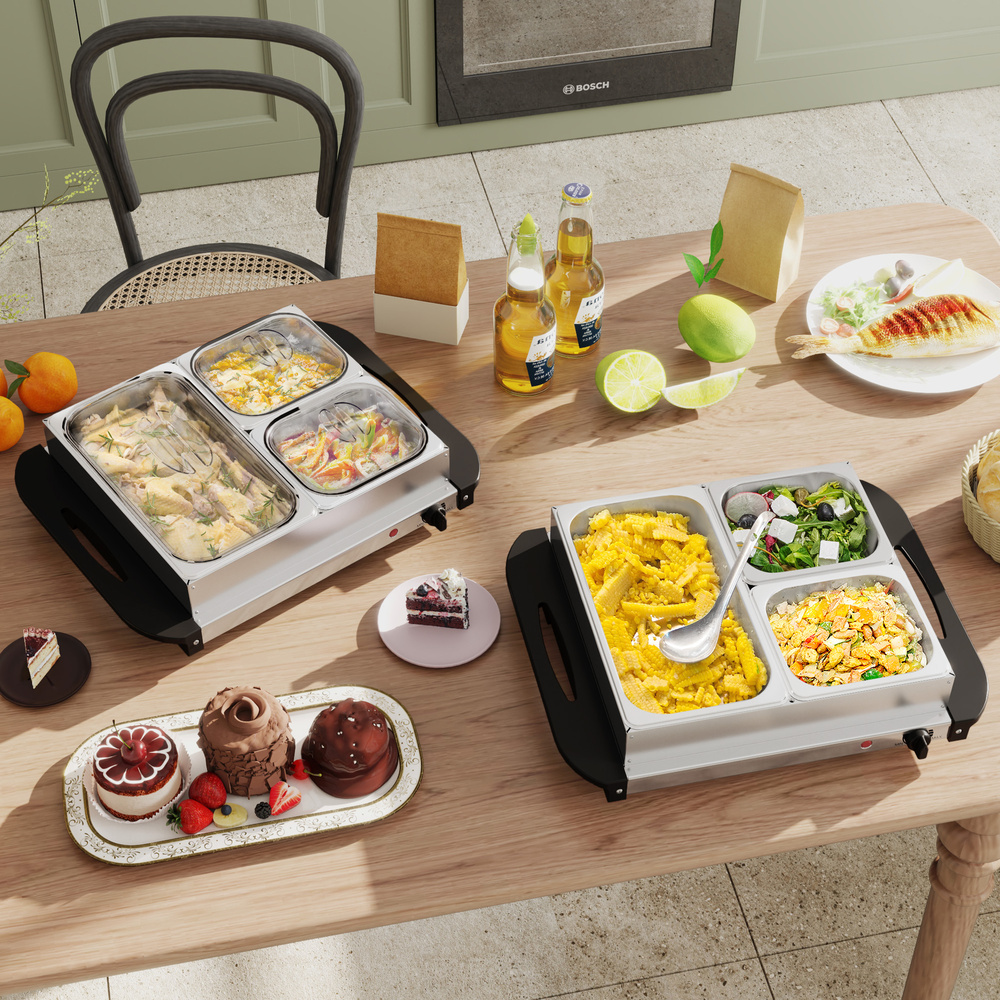 HOMCOM 4.5L Stainless Steel Electric Buffet Server, with 3x Trays and Lids, Set of 2