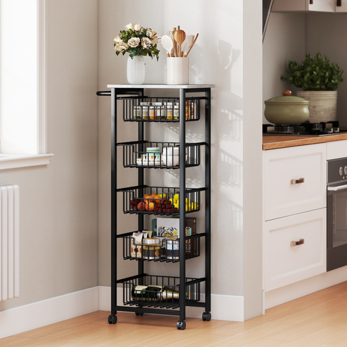 HOMCOM Five Basket Mobile Kitchen Island, with Brakes - Grey/Black