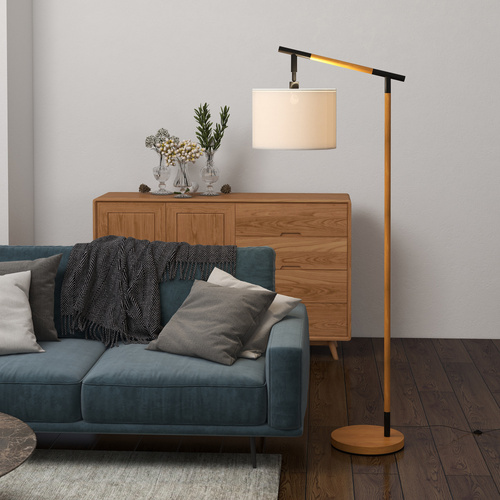 HOMCOM Metal Frame Floor Lamp with 350 Degree Rotating Lampshade, for Living Room and Bedroom, LED Bulb Included, Brown