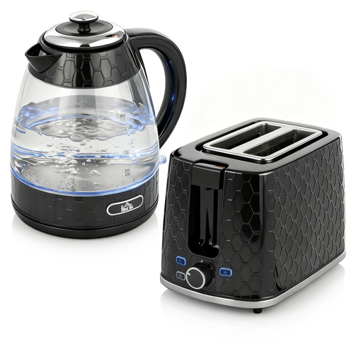 HOMCOM Kettle and Toaster Set, 1.7L 3000W Rapid Kettle with Limescale Filter, 2 Slice Toaster with 7 Browning Controls, Black