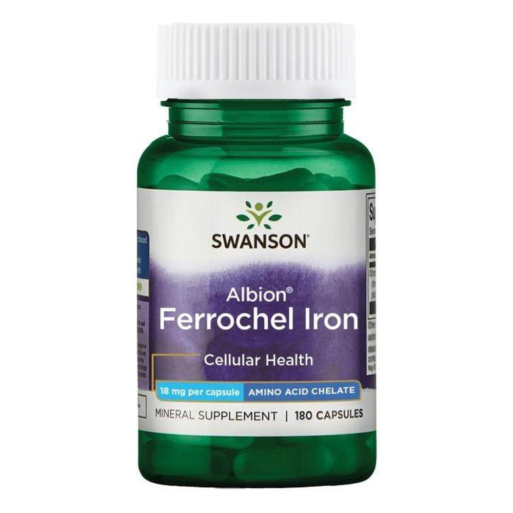 Swanson Albion Ferrochel Iron 18mg Chelat Żelaza Wspomaga Produkcję Czerwonych Krwinek 180 Kapsułek