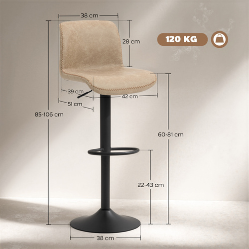 HOMCOM Bar Stools Set of 2, PU Leather Barstools with Backrest and Footrest for Kitchen, Counter, Breakfast Bar, Light Brown