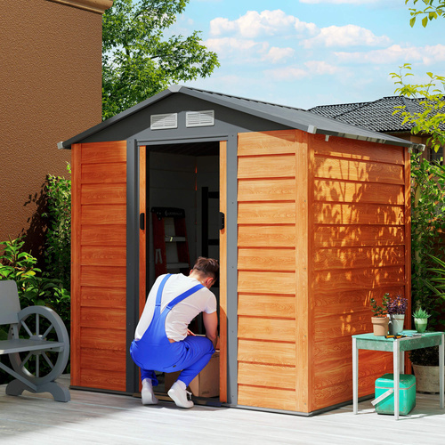 Outsunny 6.5 x 5ft Metal Garden Shed, House Hut Gardening Tool Storage with Ventilations, Sliding Door, Sloped Roof for Garden, Patio, Brown