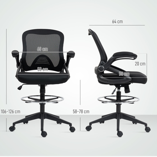 Vinsetto Drafting Chair with Flip-up Armrest, Mesh Office Stool with Foot Ring, 360 Degree Swivel Height Adjustable Chair for Standing Desk, Black
