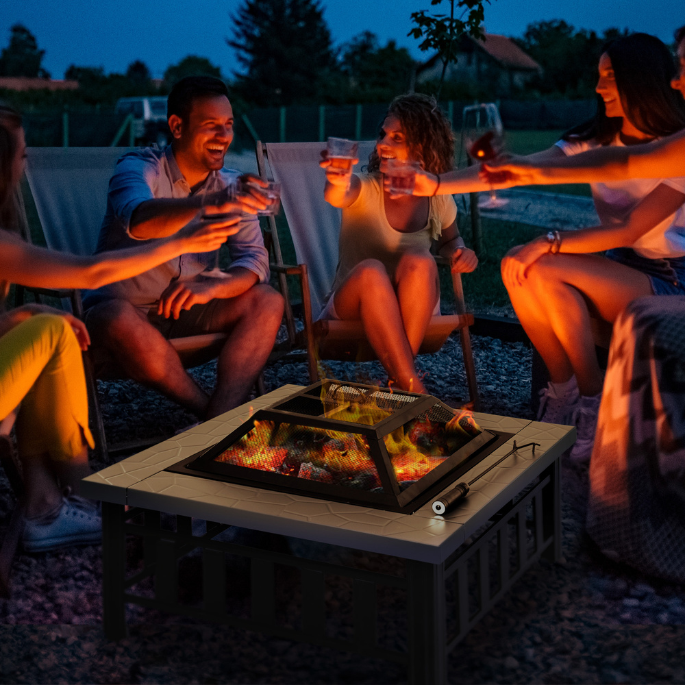 Outsunny Metal Large Firepit Outdoor Square Fire Pit Brazier with Rain Cover, Lid, Log Grate, Poker for Backyard, Camping, BBQ, Bonfire, Wood Burning Stove, 86 x 86 x 54cm, Black