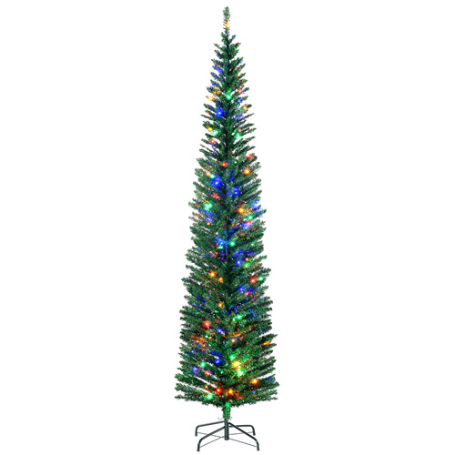 HOMCOM 7.5' Artificial Prelit Christmas Trees Holiday Décor with Colourful LED Lights, Pencil Shape, Steel Base