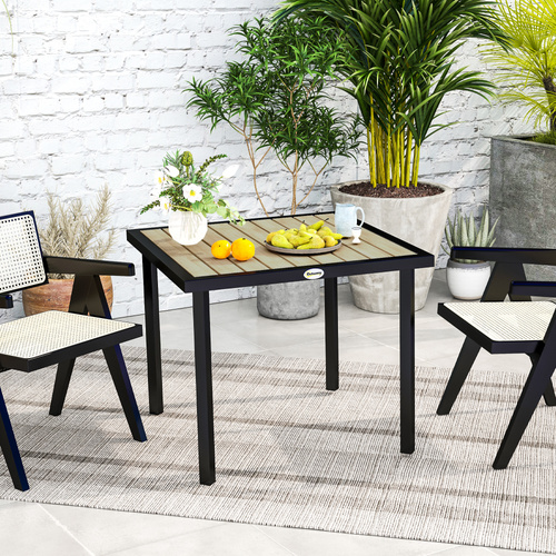 Outsunny Square Garden Dining Table with 5.4cm Parasol Hole, Slatted Top, Metal Frame, 86 x 86 x 71cm, Brown