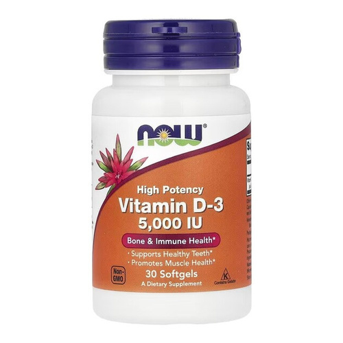 Now Foods Vitamin D-3 5000 IU 120 Wspiera Pracę Mięśni Układu Odpornościowego i Mózgu 30 Kapsułek
