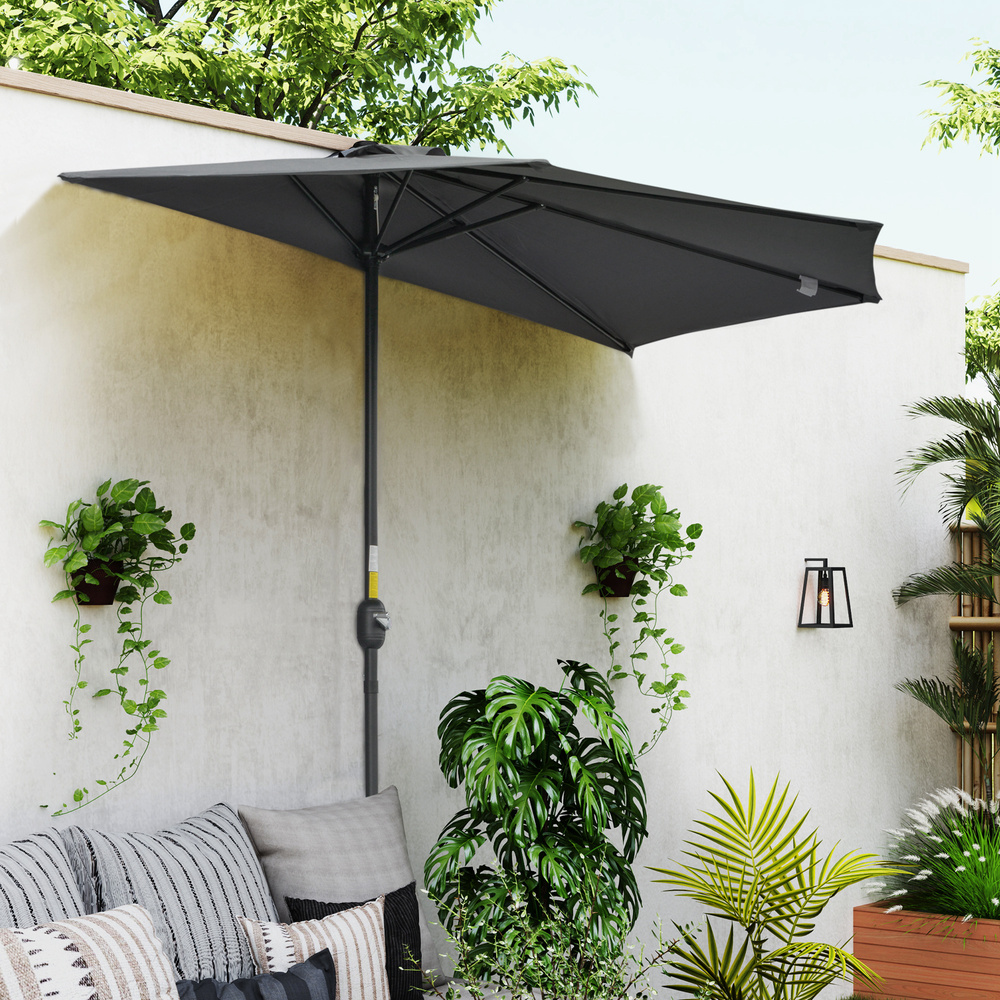 Outsunny 3(m) Half Parasol Semi Round Umbrella Patio Metal Frame Crank Handle for Balcony-- NO BASE INCLUDED, Grey