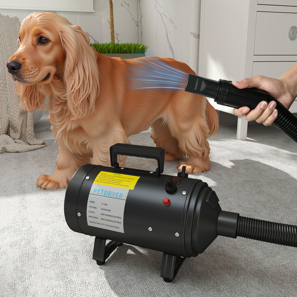 PawHut 2200W Dog Hair Dryer with Adjustable Temperature & Velocity, 3 Different Nozzles, Black