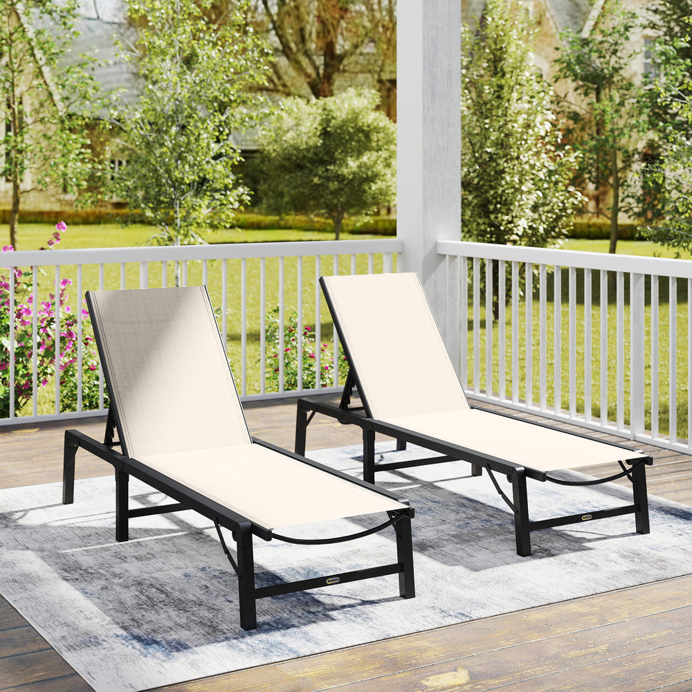 Outsunny Folding Sun Lounger Set of 2, 5-Position Adjustable Reclining Garden Loungers, Garden Chaise Lounge Sunbed Recliner Chairs with Steel Frame for Beach, Porch, Patio, Camping, Khaki