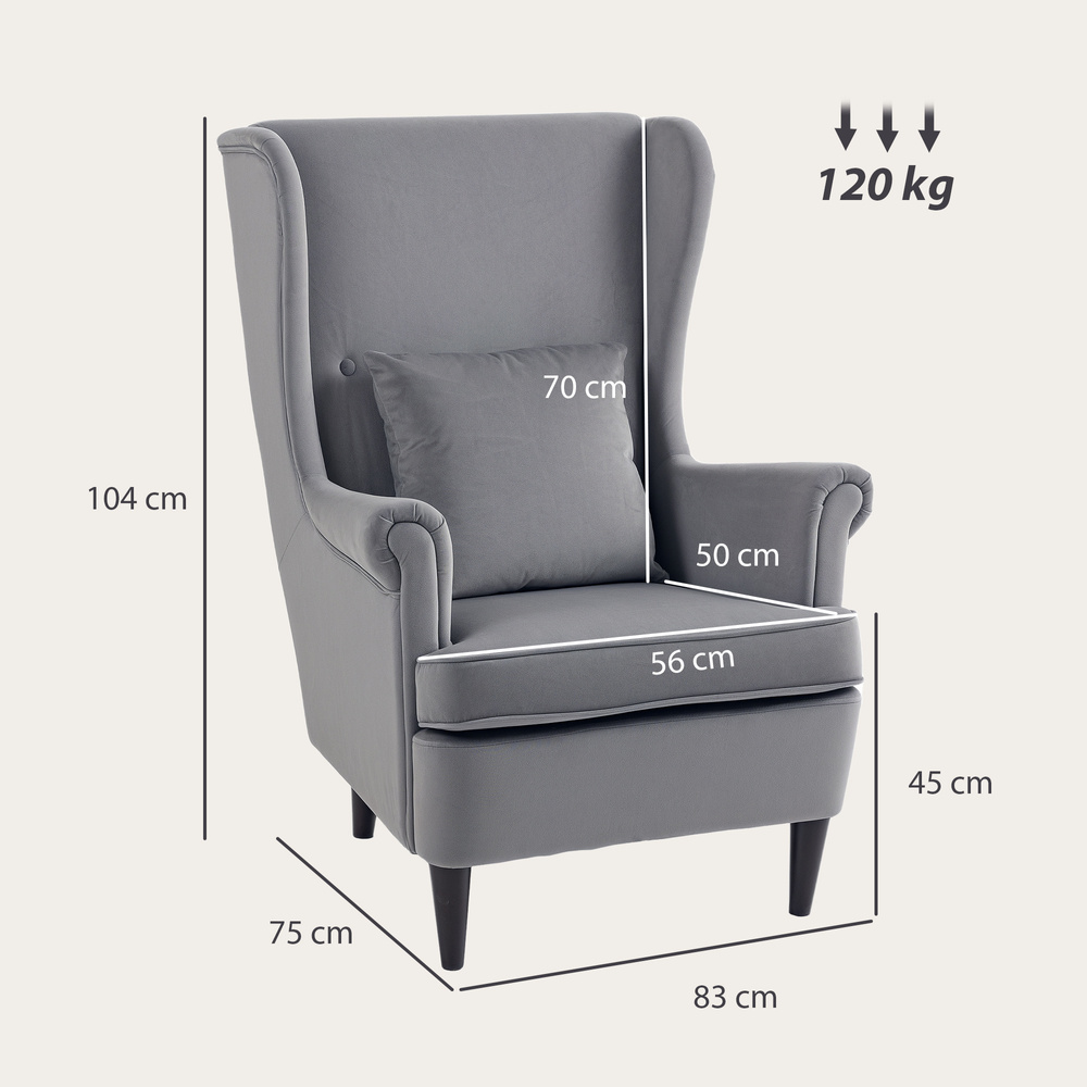 HOMCOM Modern Accent Chair, Upholstered Wingback Armchair with High Backrest and Pillow, Velvet-Feel Fabric Reading Chair with Solid Wood Legs for Living Room, Bedroom, Home Office, Dark Grey