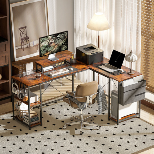 HOMCOM 168cm Reversible L Shaped Desk, Industrial Corner Computer Desk with Adjustable Shelf and Storage Bag, 240cm 2 Person PC Table with Monitor Stand, Rustic Brown
