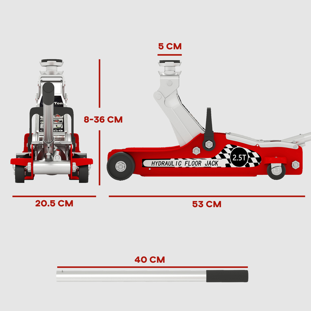 HOMCOM Hydraulic Low Profile Floor Jack, 2.5 Tonne Heavy Duty Steel Trolley Car Jack Lift with 80-360 mm Lifting Range, Wheels, Top Handle, Red