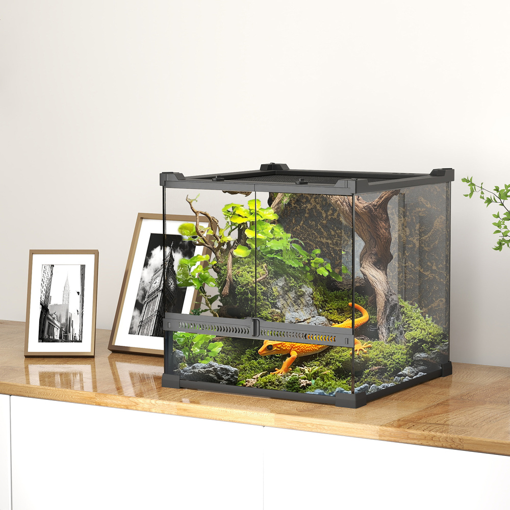 PawHut Reptile Glass Terrarium with Stone Background, Front Ventilation, Escape-Proof Knob Lock, 30 x 30 x 30 cm, Black