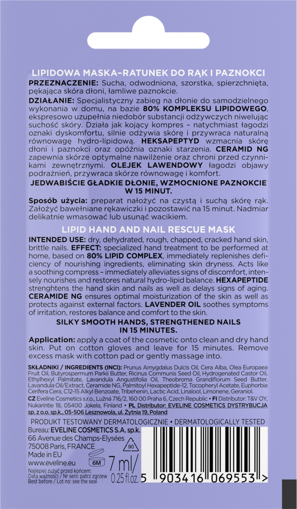 Eveline Hand & Nail TherapyLipidowa Maska-Ratunek do Rąk i Paznokci dla Suchych Dłoni i Łamliwych Paznokci 7ml