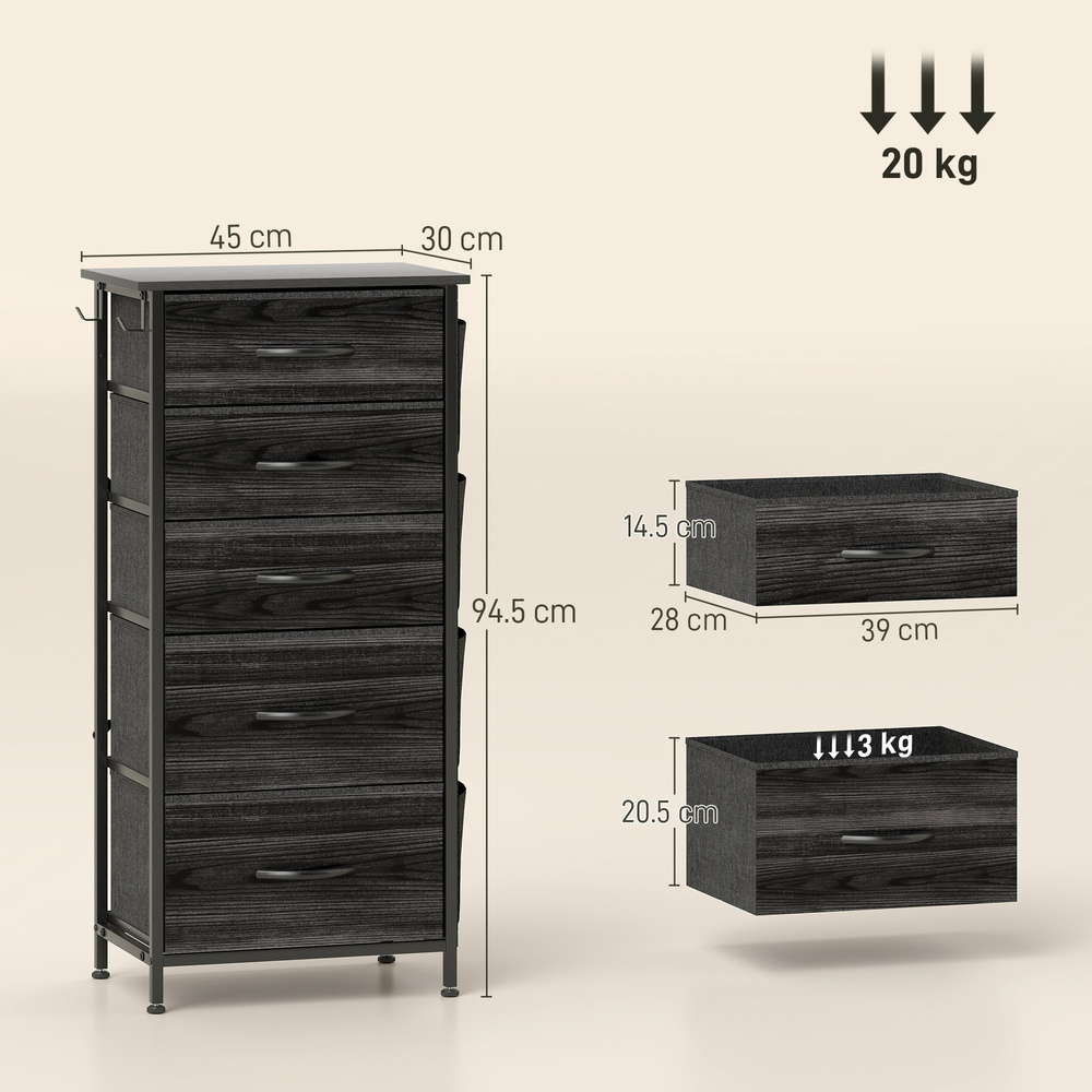 HOMCOM Chest of Five Fabric Drawers - Black