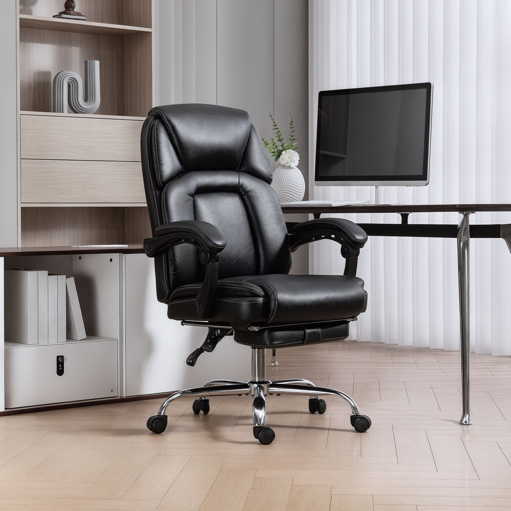 HOMCOM Faux Leather Reclining Office Chair, with Footrest - Black