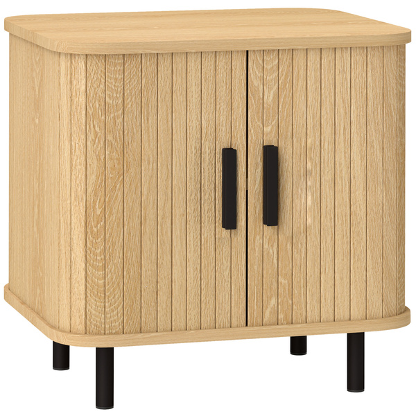 HOMCOM Bedside Table, Nordic Side Table with Roller Shutter Style Sliding Doors and Metal Legs for Bedroom, Living Room, Oak Tone