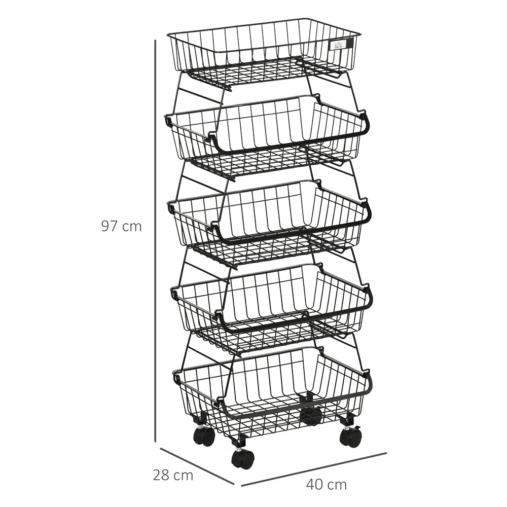 HOMCOM 5 Tier Storage Trolley, Stackable Fruit Vegetable Cart for Kitchen, Living Room, 40 x 2 x 97 cm, Black