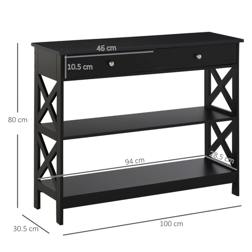 HOMCOM Console Table Side Desk w/ Shelves Drawers Open Top X Support Frame Living Room Hallway Home Office Furniture Black