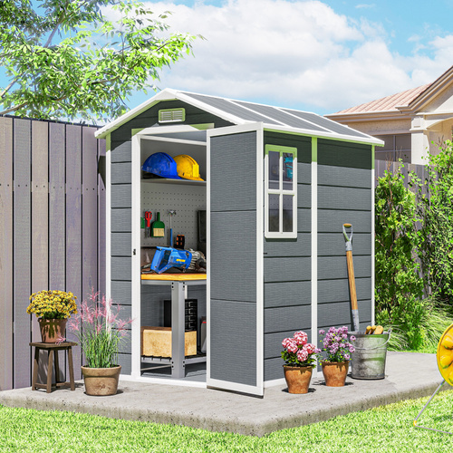 Outsunny 4 x 6ft Garden Shed, Plastic Shed with Floor, Window, Lockable Door and Vents, Resin Tool Shed for Outdoor Patio Storage, Zero Maintenance, Grey