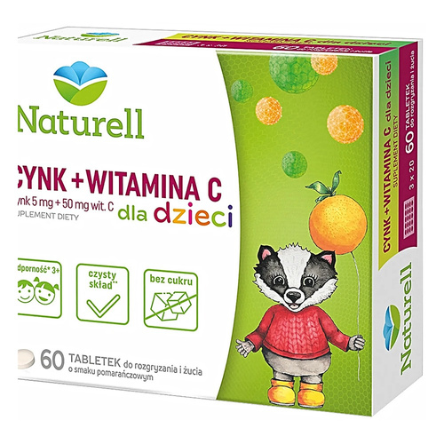 Naturell Cynk + Witamina C dla Dzieci Pomarańcza 60 Tabletek do Żucia