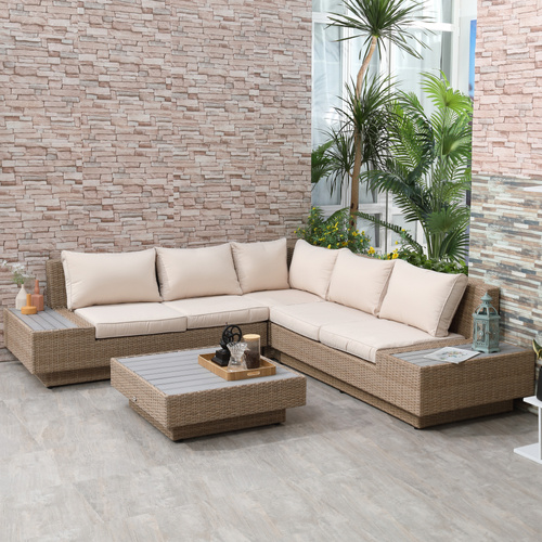 Outsunny 4 Pieces Rattan Garden Furniture Set, Garden Corner Sofa with Side Trays, Wicker Conservatory Furniture Set with Loveseats, Slatted Plastic Top Coffee Table and Cushions, Beige