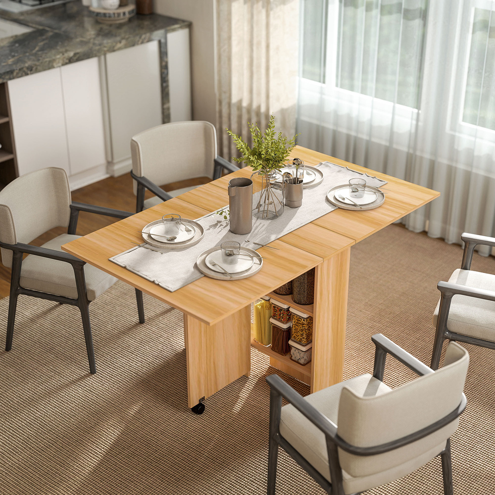 HOMCOM Folding Dining Table, Drop Leaf Table for Small Spaces, Foldable Rectangular Tabletop with Storage Shelves for Kitchen, Dining Room, Teak
