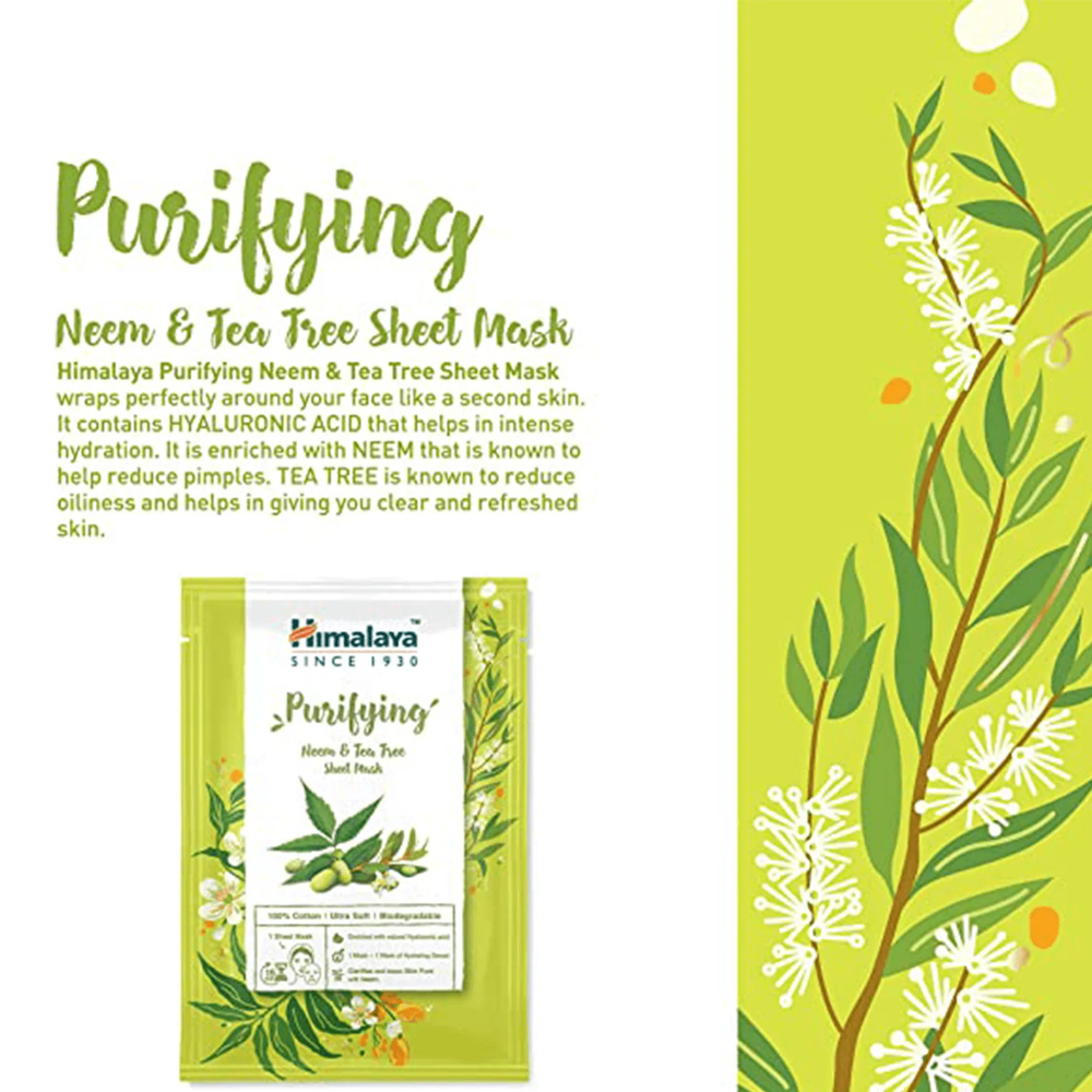 Himalaya Purifying Neem & Tea Tree Sheet Mask with Neem and Tea Tree Oil for Acne-Prone Oily Combination Skin 30ml