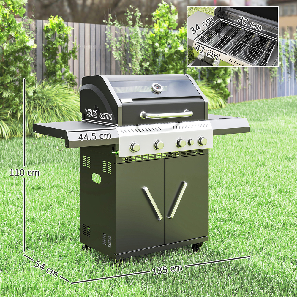 Outsunny 4+1 Burner Gas BBQ Grill with Clear View Lid, Portable Gas Barbecue Grill with Built-in Thermometer, Side Table, Cabinet, Wheels, Grease Tray for Garden Party Outdoor Cooking, Black