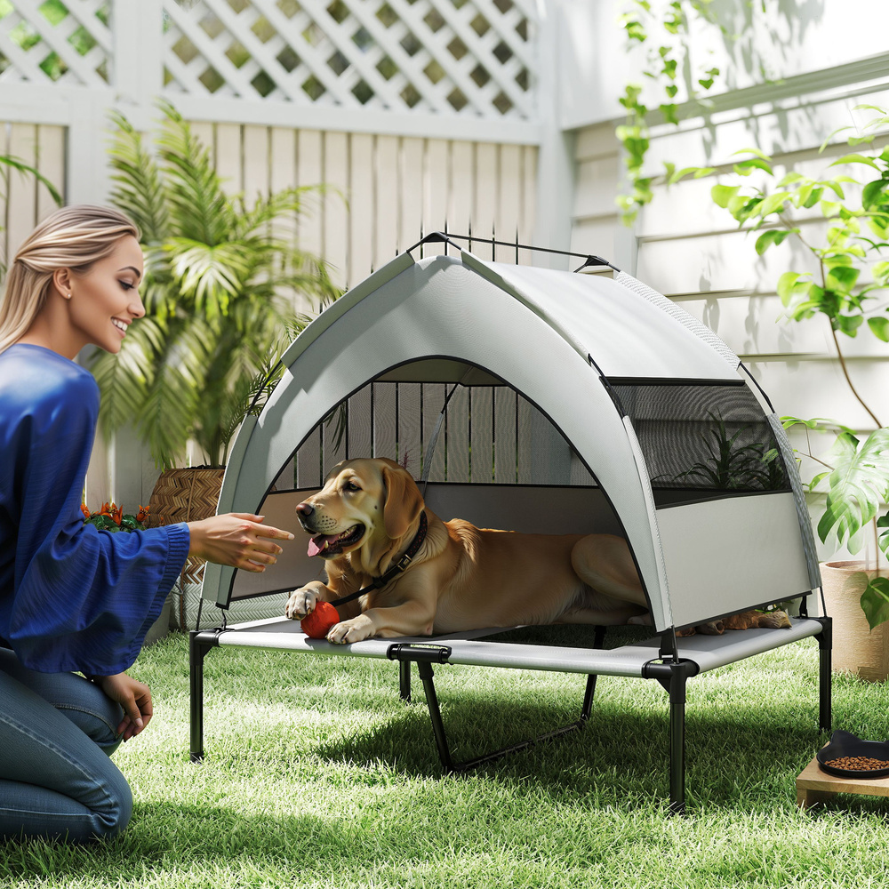 PawHut Portable Elevated Dog Bed with Removable Canopy, Cooling Raised Pet Cot for Medium Large Dogs, 92 x 75 x 89 cm