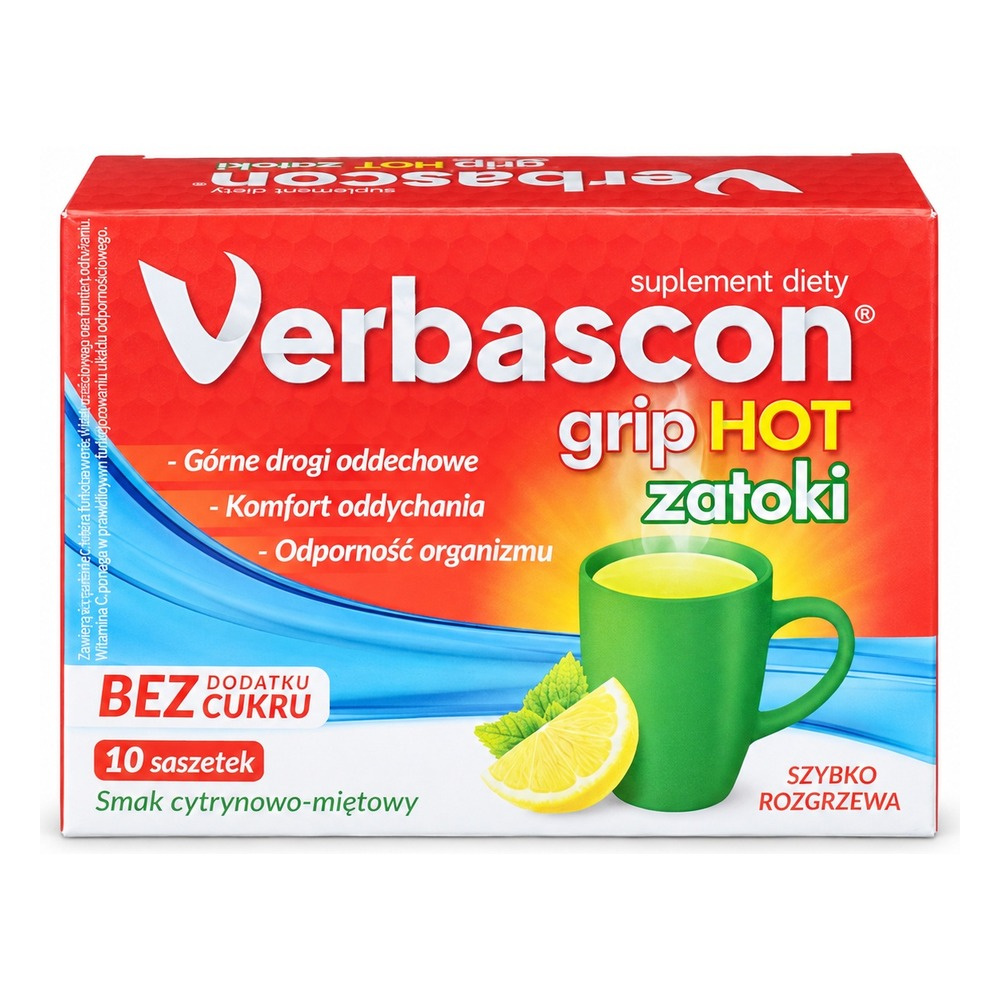 Polski Lek S.A. Verbascon Grip Hot Zatoki Witamina C + Cynk Cytryna-Mięta 10 Saszetek