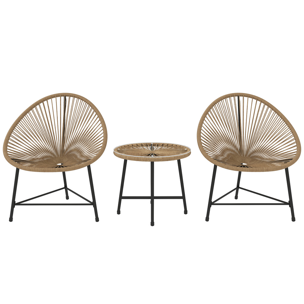 Outsunny 3 Pieces Rattan Bistro Set, Garden Bistro Set with Acapulco Chairs and Glass Top Table, Small Garden Furniture Set with Reinforced Metal Frame for Outdoor, Patio, Balcony, Natural