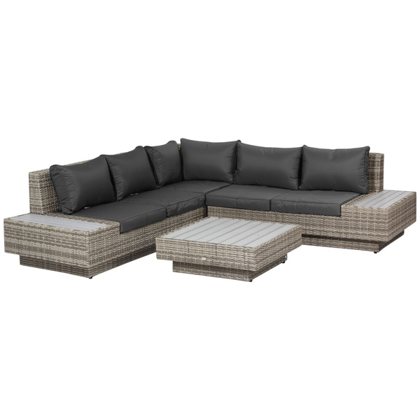 Outsunny 4 PCs Rattan Garden Furniture Outdoor Sectional Corner Sofa and Coffee Table Set  Conservatory Wicker Weave Furniture with Armrest and Cushions - Light Grey