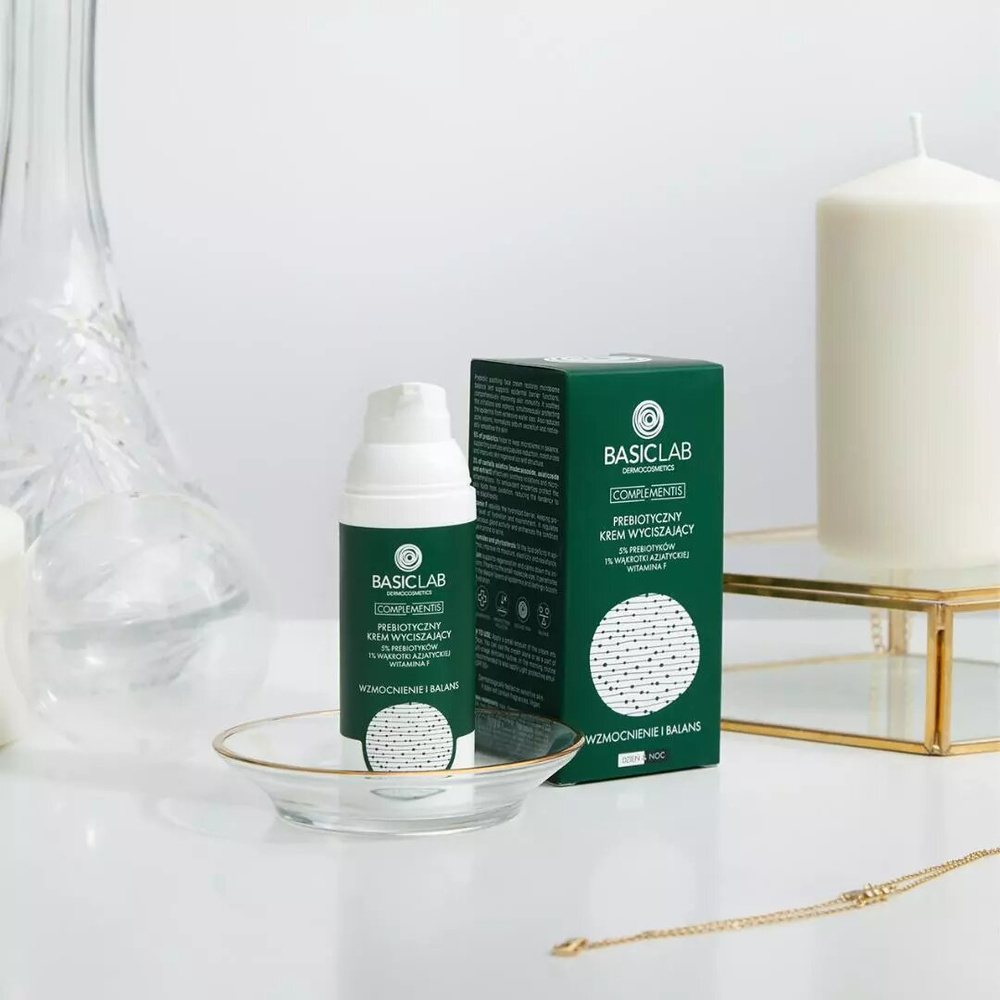 BasicLab Prebiotic Light Calming Cream with 5% Prebiotics 1% Centella Asiatica and Vitamin F Strengthening and Balancing for Problematic Skin Day and Night 50ml