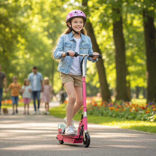 HOMCOM Foldable Powered Scooter with Adjustable Seat, Brake, Pink