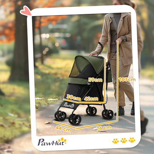 PawHut Foldable Dog Stroller, Lightweight Dog Pram w/ Shoulder Strap, Storage Bag, Cup Holder, Dark Green