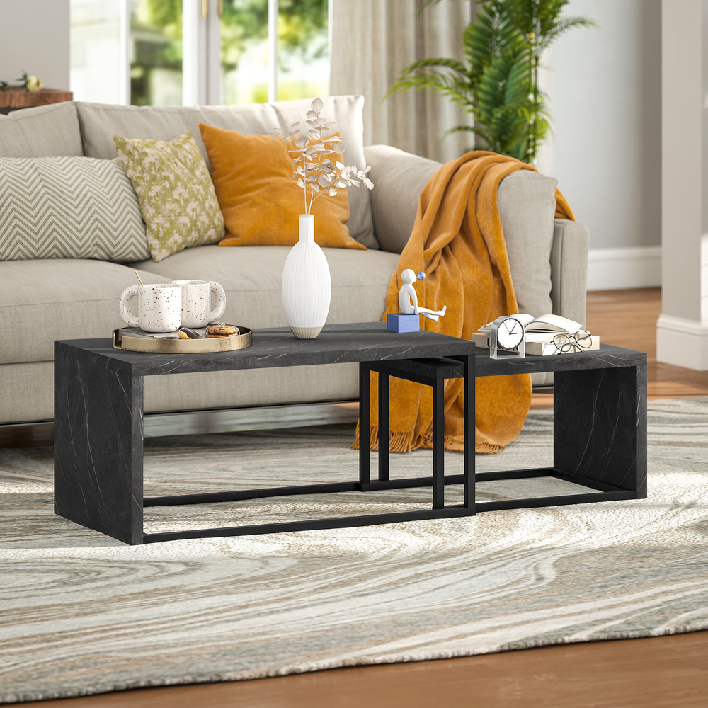 HOMCOM Nesting Coffee Table Set of 2, Industrial Stacking Side End Tables with Metal Frame for Living Room, Bedroom, Dark Grey Marble Effect